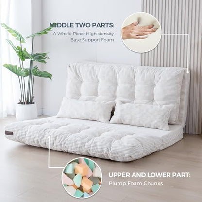 MAXYOYO Bean Bag Bed Tufted Folding Sofa Bed with Pillows, Extra Thick and Long Floor Mattress for Adults, Single Couch Bed for Bedroom Living Room, Beige, 30x91 Inch