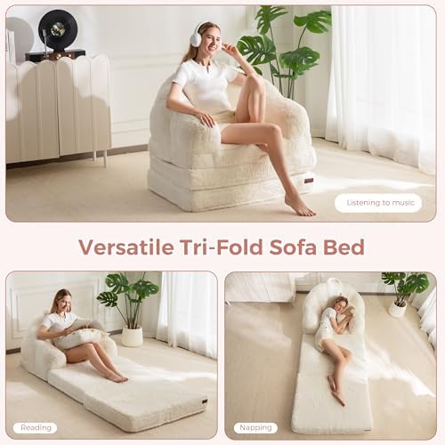 MAXYOYO Folding Sofa Bed, 2 in 1 Convertible Sofa to Lounger Comfy Single Bean Bag Chair for Adults, Floor Sleeper Couch with Handle, Faux Fur Couch Bed for Living Room Bedroom, Pink