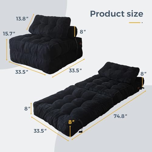 MAXYOYO Folding Sofa Bed, Convertible Sleeper Chair with Pillow Foldable Mattress with Back Support, Portable Fold Out Chair Bed Comfy Floor Sofa Lounge for Living Room Bedroom, Dark Grey, Single