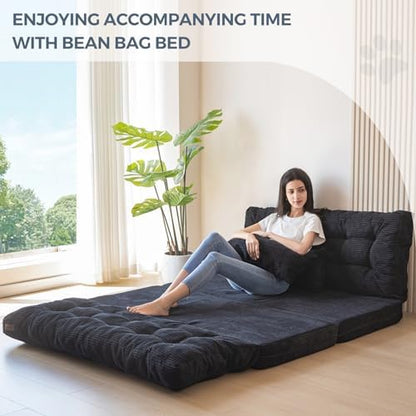 MAXYOYO Bean Bag Bed Tufted Folding Sofa Bed with Pillows, Extra Thick and Long Floor Mattress for Adults, Single Couch Bed for Bedroom Living Room, Beige, 30x91 Inch