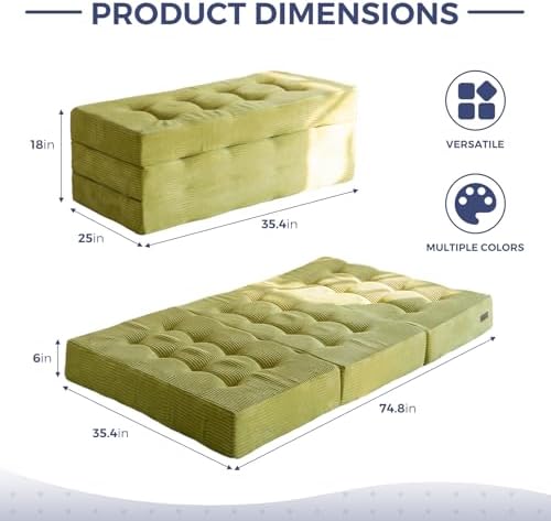MAXYOYO Tri-Fold Mattress, 6 Inch Tufted Folding Mattress Full Foam Bed, Foldable Floor Couch Guest Bed Topper Portable Camping Sleeper with Corded Fabric, Dark Grey, 53"x75"