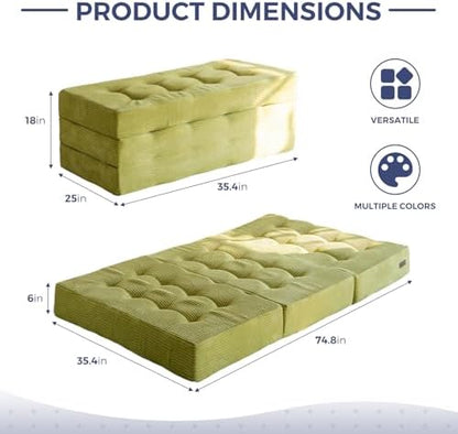 MAXYOYO Tri-Fold Mattress, 6 Inch Tufted Folding Mattress Full Foam Bed, Foldable Floor Couch Guest Bed Topper Portable Camping Sleeper with Corded Fabric, Dark Grey, 53"x75"