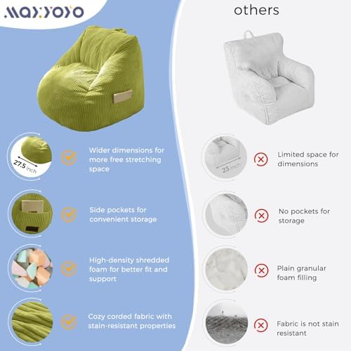 MAXYOYO Kids Bean Bag Chair, Bean Bag Couch with Handle, Comfy Toddler Chair for Boys and Girls, Accent Sofa Chair with Pocket for Gaming Reading Relaxing, Pink