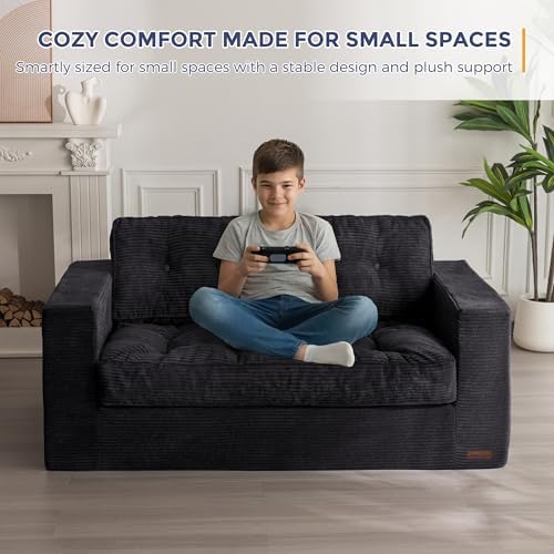 MAXYOYO Bean Bag Chair for Adults, Upholstered Floor Sofa with Armrests, Loveseat Boneless Couch with Tufted Cushion &amp; Backrest, Sofa in A Box, Large Bean Bag Couch for Bedroom Living Room, Black