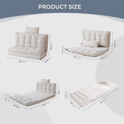 MAXYOYO Bean Bag Bed Tufted Folding Sofa Bed with Pillows, Extra Thick and Long Floor Mattress for Adults, Single Couch Bed for Bedroom Living Room, Beige, 30x91 Inch