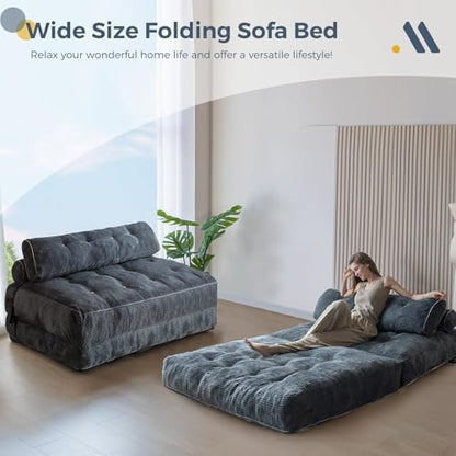 MAXYOYO Folding Sofa Bed, Convertible Sleeper Chair with Pillow Foldable Mattress with Back Support, Portable Fold Out Chair Bed Comfy Floor Sofa Lounge for Living Room Bedroom, Dark Grey, Single
