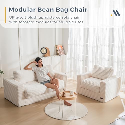 MAXYOYO Giant Bean Bag Chair for Adults, Upholstered Loveseat Floor Sofa with Pillows and Armrests, Large Bean Bag Sofa Plush Chair Bean Bag Couch for Bedroom Living Room, Grey