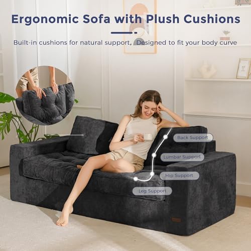 MAXYOYO Bean Bag Chair for Adults, Upholstered Floor Sofa with Armrests, Loveseat Boneless Couch with Tufted Cushion &amp; Backrest, Sofa in A Box, Large Bean Bag Couch for Bedroom Living Room, Black