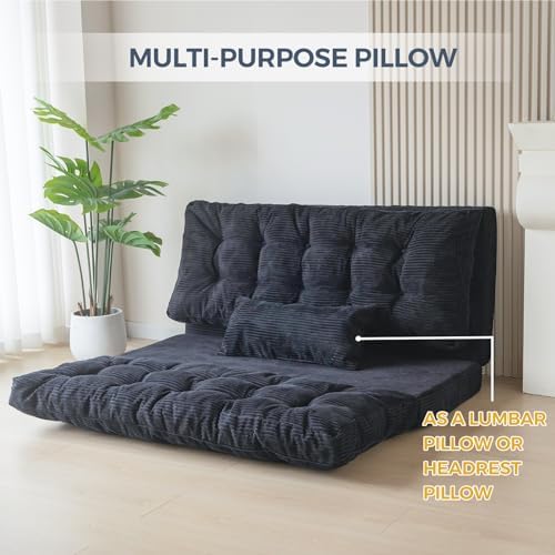 MAXYOYO Bean Bag Bed Tufted Folding Sofa Bed with Pillows, Extra Thick and Long Floor Mattress for Adults, Single Couch Bed for Bedroom Living Room, Beige, 30x91 Inch