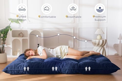 MAXYOYO Japanese Floor Mattress Full Size, 6" Foldable Futon Mattress Tufted Roll Up Floor Bed, Thick Chenille Tatami Mat Sleeping Pad for Camping Guest Room Dormitory Bedroom RV, Navy