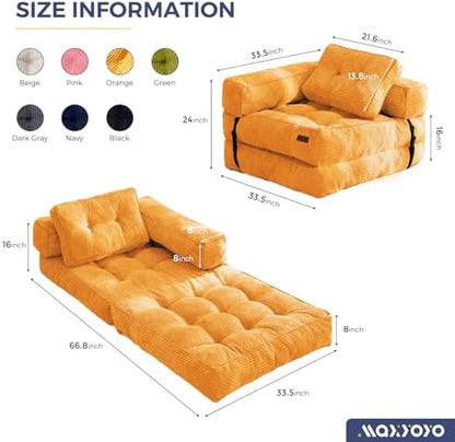 MAXYOYO Folding Sofa Bed, L-Shaped Convertible Sofa Bed with Armrest Foldable Sleeper Sofa with Pillow, Portable Fold Out Chair Bed Comfy Floor Lounge for Living Room Bedroom, Dark Grey