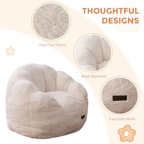 MAXYOYO Kids Bean Bag Chair, Floral Shaped Bean Bag Sofa, Plush Faux Fur Toddler Couch with Petal Backrest for Boys Girls, Stuffed Cozy Sofa for Nursery, Bedroom, Pink