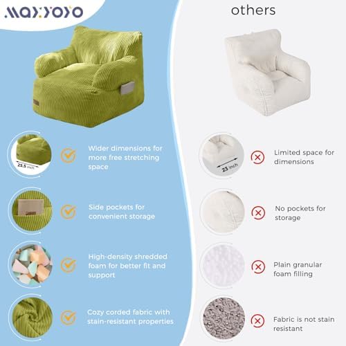 MAXYOYO Kids Bean Bag Chair, Stuffed Toddler Bean Bag Sofa with Filler Bean Bag Chair for Boys and Girls, Lazy Sofa with Pocket Floor Chair for Gaming, Reading, Pink