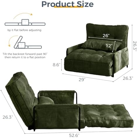 MAXYOYO Adjustable Floor Sofa Couch with Pillow, Multi-Functional Bean Bag Bed, 5-Position Foldable Lazy Sofa Sleeper Bed with Armrest, Versatile Floor Seating for Reading Gaming, Green, Single