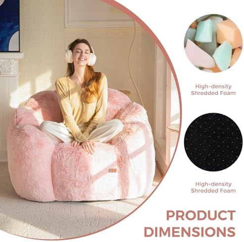 MAXYOYO Bean Bag Chair for Adults, Floral Shaped Bean Bag Sofa, Ultra Soft Faux Fur Floor Sofa, Large Reading Chair for Living Room Bedroom, Beige, Single