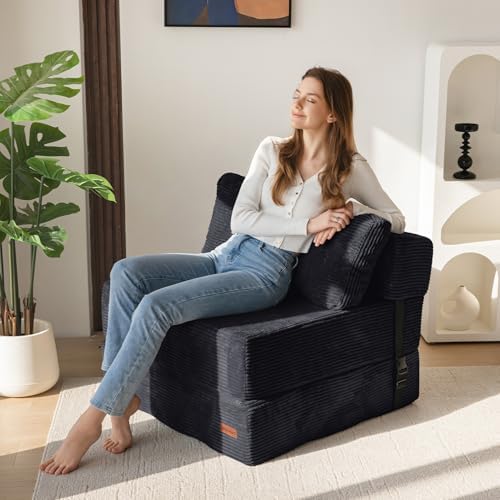 MAXYOYO Folding Sofa Bed, Convertible Sofa Bed with High-Density Support Foam, Portable 4 in 1 Fold Out Chair to Floor Lounger, Versatile Floor Couch for Living Room Bedroom, Dark Grey