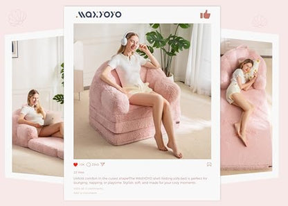 MAXYOYO Folding Sofa Bed, 2 in 1 Convertible Sofa to Lounger Comfy Single Bean Bag Chair for Adults, Floor Sleeper Couch with Handle, Faux Fur Couch Bed for Living Room Bedroom, Pink