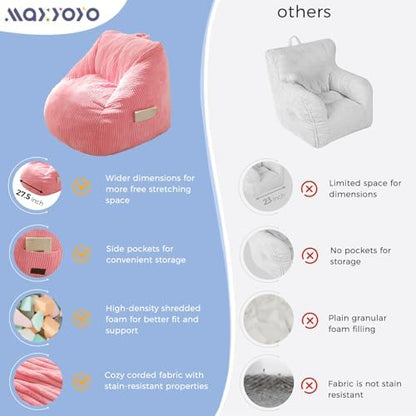 MAXYOYO Kids Bean Bag Chair, Bean Bag Couch with Handle, Comfy Toddler Chair for Boys and Girls, Accent Sofa Chair with Pocket for Gaming Reading Relaxing, Pink