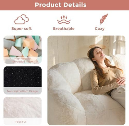 MAXYOYO Bean Bag Chair for Adults, Floral Shaped Bean Bag Sofa, Ultra Soft Faux Fur Floor Sofa, Large Reading Chair for Living Room Bedroom, Beige, Single