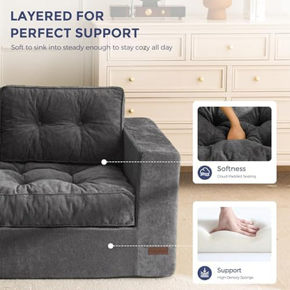 MAXYOYO Bean Bag Chair for Adults, Upholstered Floor Sofa with Armrests, Loveseat Boneless Couch with Tufted Cushion &amp; Backrest, Sofa in A Box, Large Bean Bag Couch for Bedroom Living Room, Black