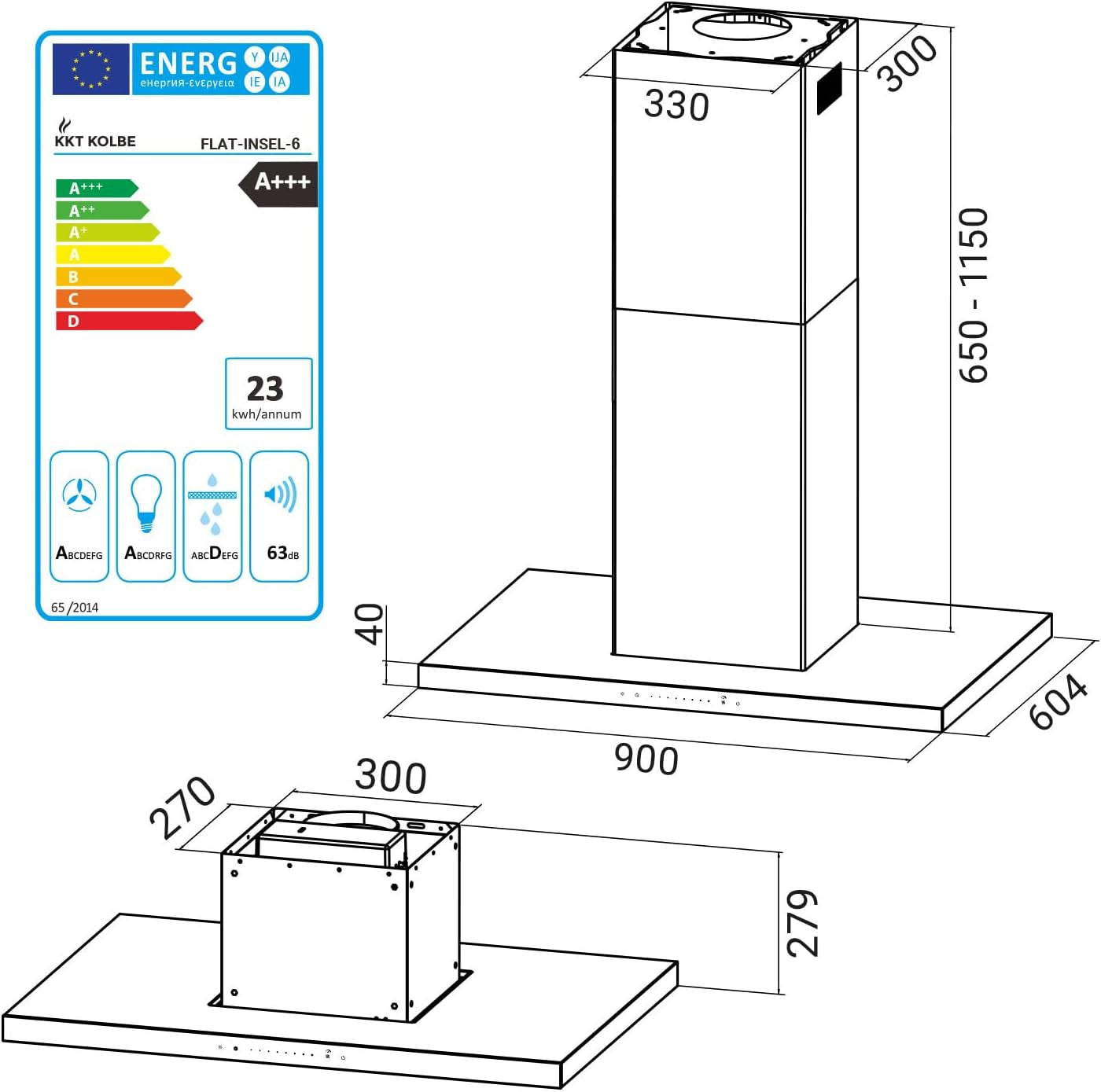 Hotte Aspirante Cuisine 90 Cm | Hotte Îlot | Acier Inoxydable | Verre Noir | Wifi | Arrête Automatiquement | Opération Tactile | FLAT-INSEL-6