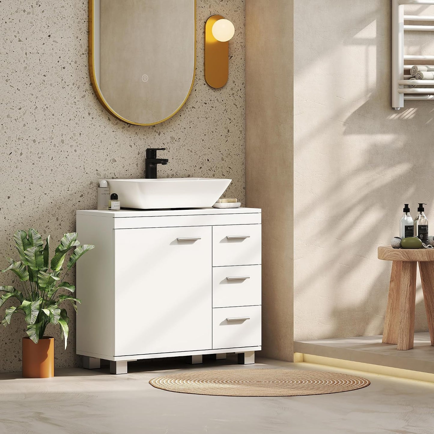 Meuble Sous Lavabo Salle De Bain 3 Tiroirs 70 X 30 X 64 Cm Blanc | Porte À Fermeture Amortie, Armoire Sous Lavabo, Style Moderne