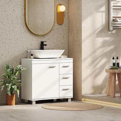 Meuble Sous Lavabo Salle De Bain 3 Tiroirs 70 X 30 X 64 Cm Blanc | Porte À Fermeture Amortie, Armoire Sous Lavabo, Style Moderne