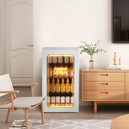 Réfrigérateur Pour Boissons De 98 L, Mini Réfrigérateur Avec Éclairage Orange 3D Et Porte En Verre, Réfrigérateur Compact De 105 Canettes Avec Étagères Réglables Pour Soda, Bière Ou Vin(Blanc)