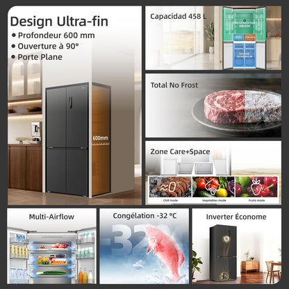 458L Frigo Américain 4 Portes Total No Frost Noir (CCD460NGE) | Silencieux 37Db, Froid Ventilé, Système Multiairflow, Congélateur -32°C, Zone Care + Space,Profondeur 600Mm