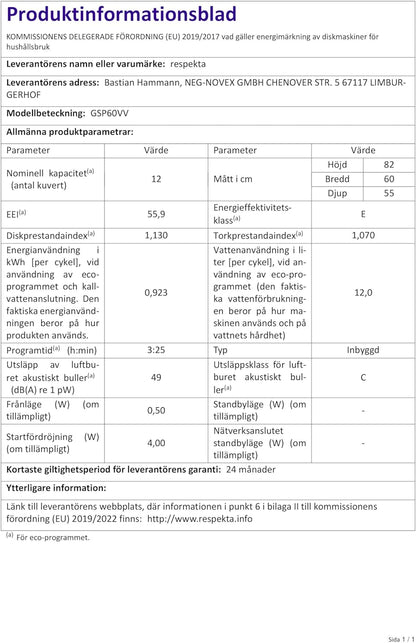 Respekta Lave-Vaisselle Entièrement Intégré 60 Cm / Lave-Vaisselle Encastré Avec Panier À Couverts / 4 Programmes / Départ Différé / 12 Couverts / GSP60VV / Silencieux 49 Db