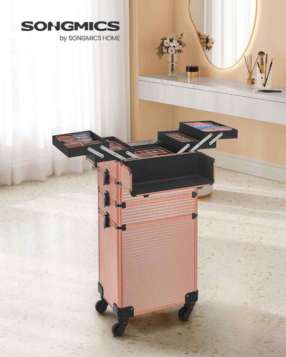 Valise De Maquillage Professionnel 4-En-1, Mallette Cosmétique, XXL, 34 X 24 X 79,3 Cm, Verrouillable, Roulettes À 360°, Pour Voyages, Manucure, Maquilleur, Coiffure, Doré Champagne JHZ015A01