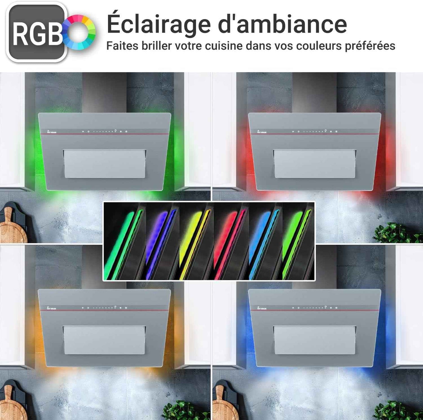 Hotte Murale Inclinée 90 Cm A+++ 782 M³/H Évacuation/Recyclage | Verre Gris Mat | Fonction Arrêt Différé | Smart Wifi App WLAN | Commandes Sensortouch | Éclairage LED RGBW | PLOOM9005G