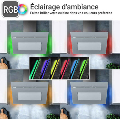 Hotte Murale Inclinée 90 Cm A+++ 782 M³/H Évacuation/Recyclage | Verre Gris Mat | Fonction Arrêt Différé | Smart Wifi App WLAN | Commandes Sensortouch | Éclairage LED RGBW | PLOOM9005G