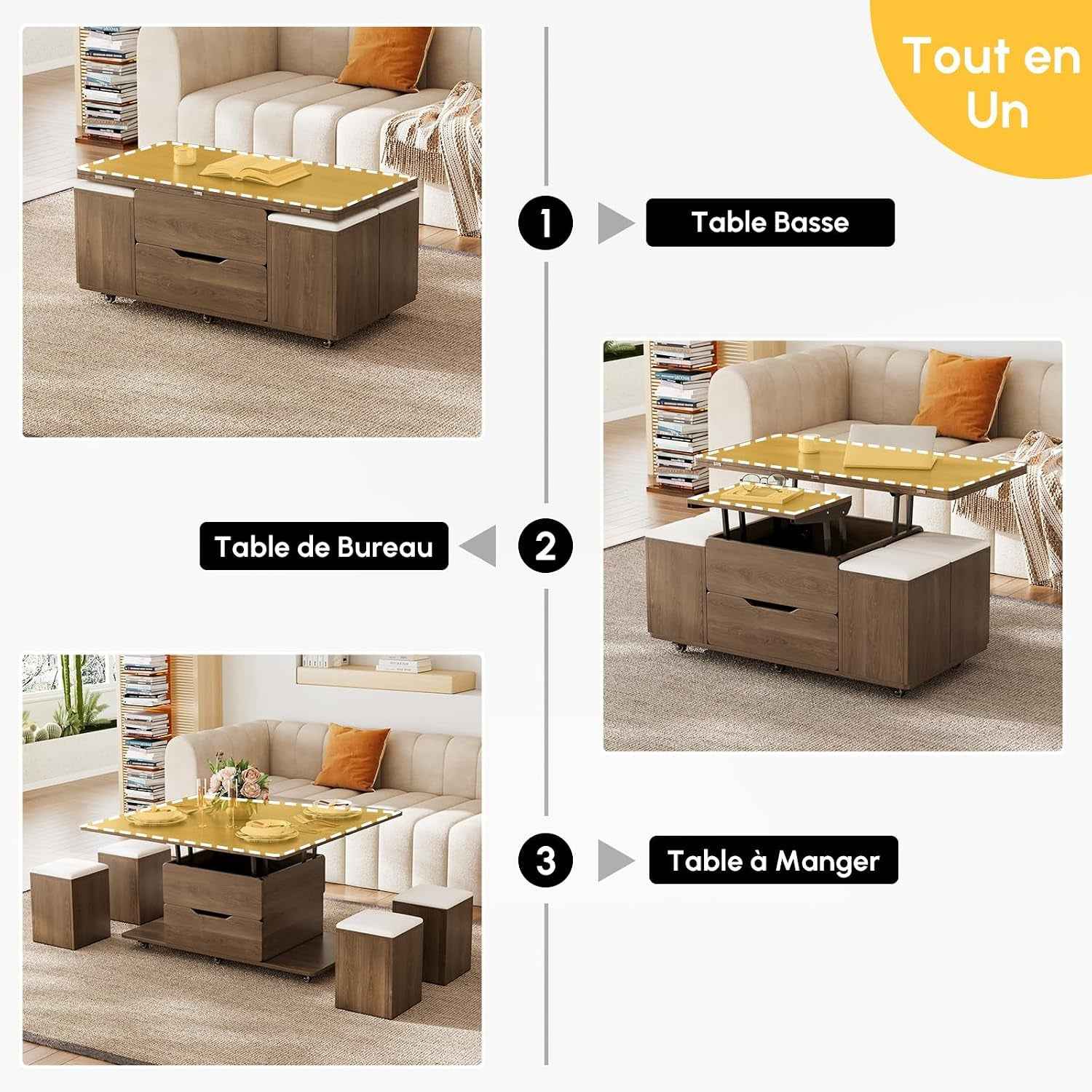 Table Basse Relevable En Bois Avec 4 Chaises Cachées Moelleuses, Tournante Hydraulique, Mode Bureau Salle À Manger, Rangement Intégré, Meuble Moderne Multi-Fonction Noir Noyer