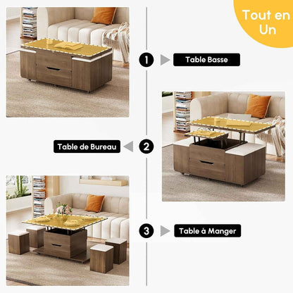 Table Basse Relevable En Bois Avec 4 Chaises Cachées Moelleuses, Tournante Hydraulique, Mode Bureau Salle À Manger, Rangement Intégré, Meuble Moderne Multi-Fonction Noir Noyer