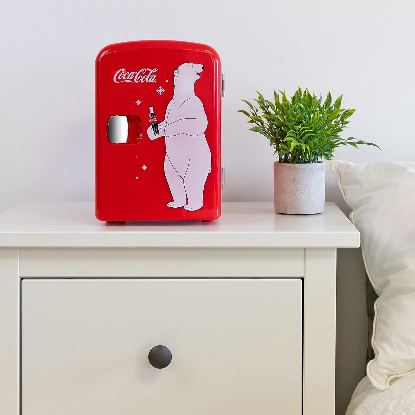 Coca Cola Mini Fridge Polar Bear 4 Liter/6 Can Portable Fridge/Mini Cooler for Food, Beverages, Skincare -Use at Home, Office, Dorm, Car, Boat-Ac & DC Plugs Included, Red [Energy Class A]
