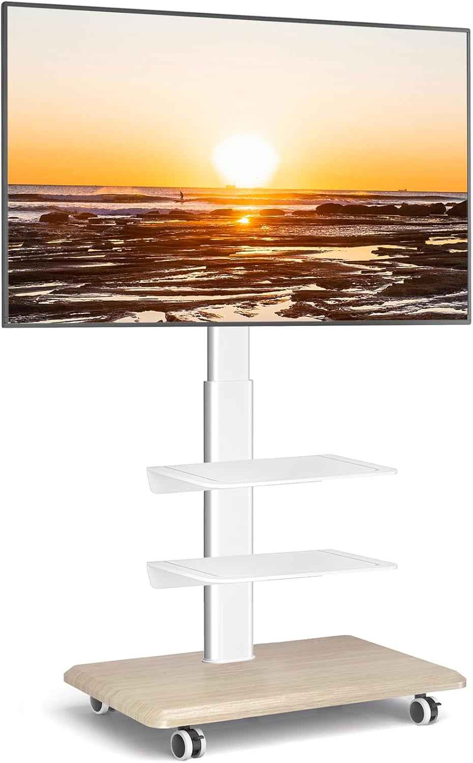 Blanc Support TV Roulettes Support TV Sur Pied Avec Socle En Bois Pour Télé De 26 À 65 Pouces, Réglable En Hauteur Pied TV Avec 3 Étagères Jusqu 'À 35 Kg, Max. VESA 400X400Mm