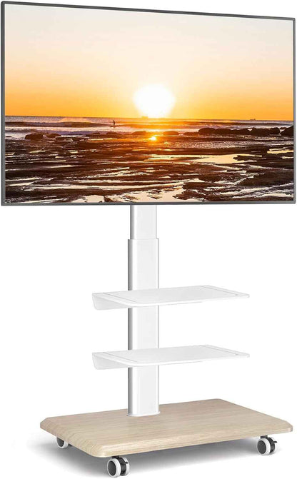 Blanc Support TV Roulettes Support TV Sur Pied Avec Socle En Bois Pour Télé De 26 À 65 Pouces, Réglable En Hauteur Pied TV Avec 3 Étagères Jusqu 'À 35 Kg, Max. VESA 400X400Mm