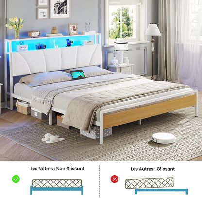 Lit 180X200 Avec Sommier Métal, Cadre De Lit 180X200 Cm Avec Lumières LED Et Multiprise (2 Prises AC, 2 Ports USB) Lit 2 Personnes Avec Tête De Lit Rembourrée Et Rangement, Moderne, Blanc