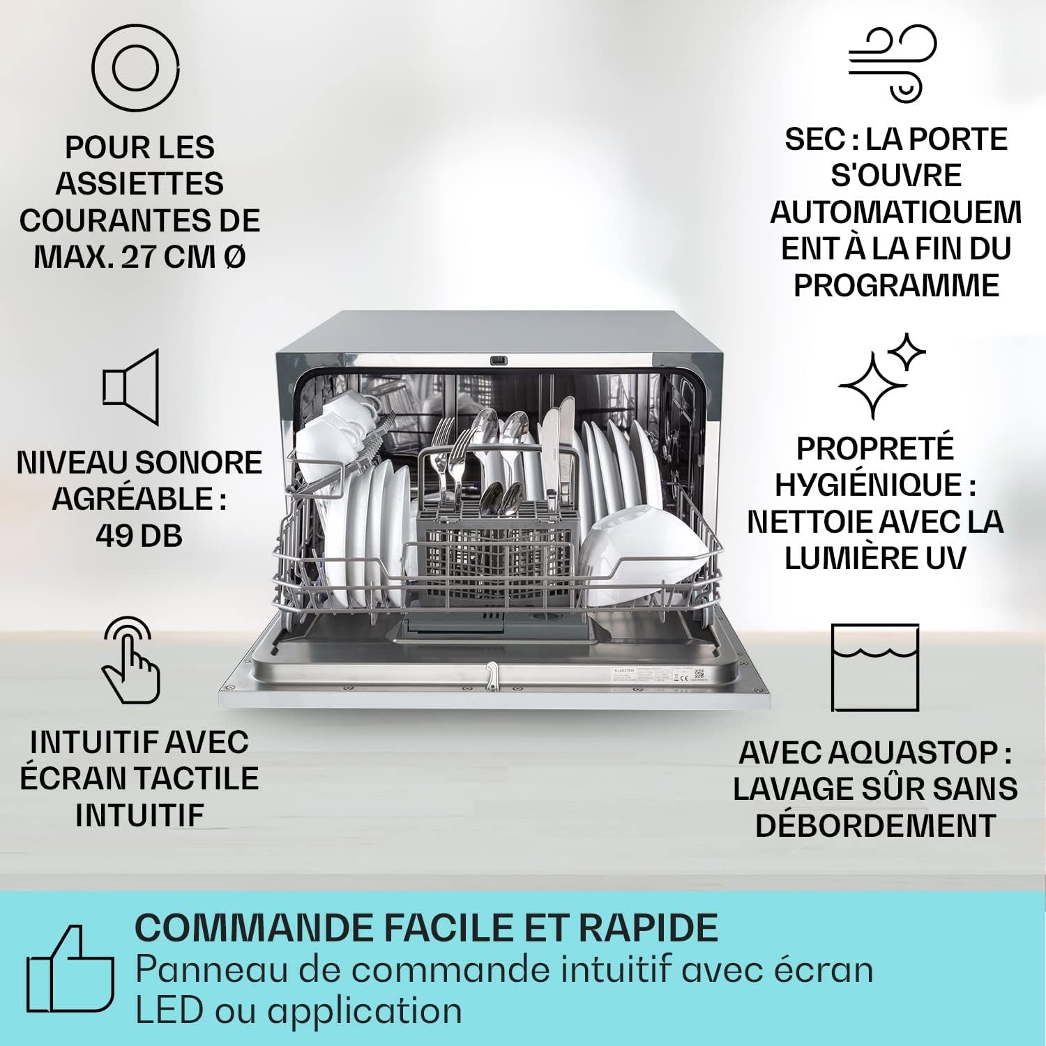 Mini Lave Vaisselle De 6 Couvert, Lave-Vaisselles Silencieux, 7 Programmes De Lavage, Petit Lave-Vaisselle De Table, Lave Vaisselle Portable, Facile À Installer Pour La Maison Et Bureau
