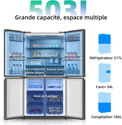 Réfrigérateur Américain À Portes Multiples CCD503NEIBE, 177 Cm De Hauteur, 69 Cm De Profondeur, Total De 503 Litres, Compresseur À Inverter, Aucun Givre, Flux D'Air Multiples, Espace Care, Congé