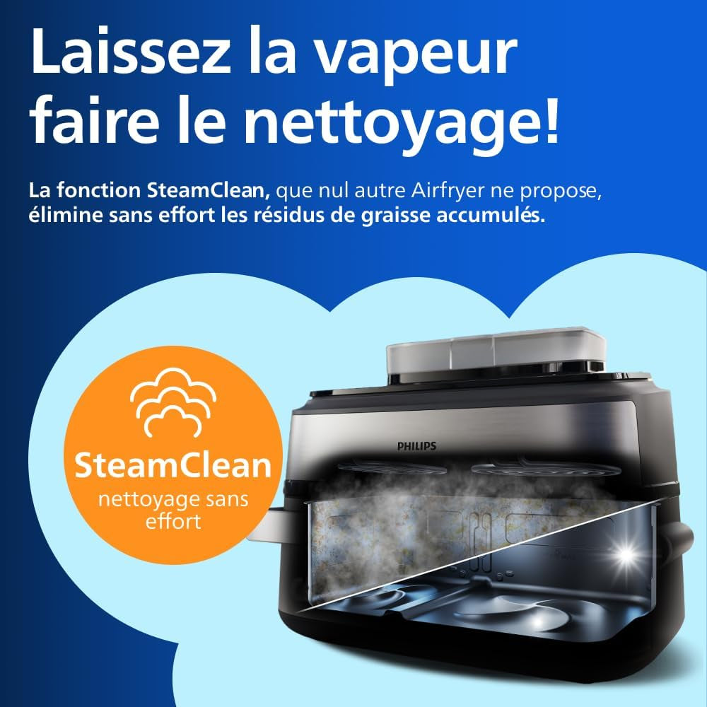 Airfryer 5000 - Air Fryer Panier Flexible 9.5L, Cuisson Vapeur | Megabasket 9.5L Ou 3+6L, Séparateur Amovible, 28 Modes,Technologie Rapidair & Steamfry, Auto Steamclean, Inox (NA565/00)