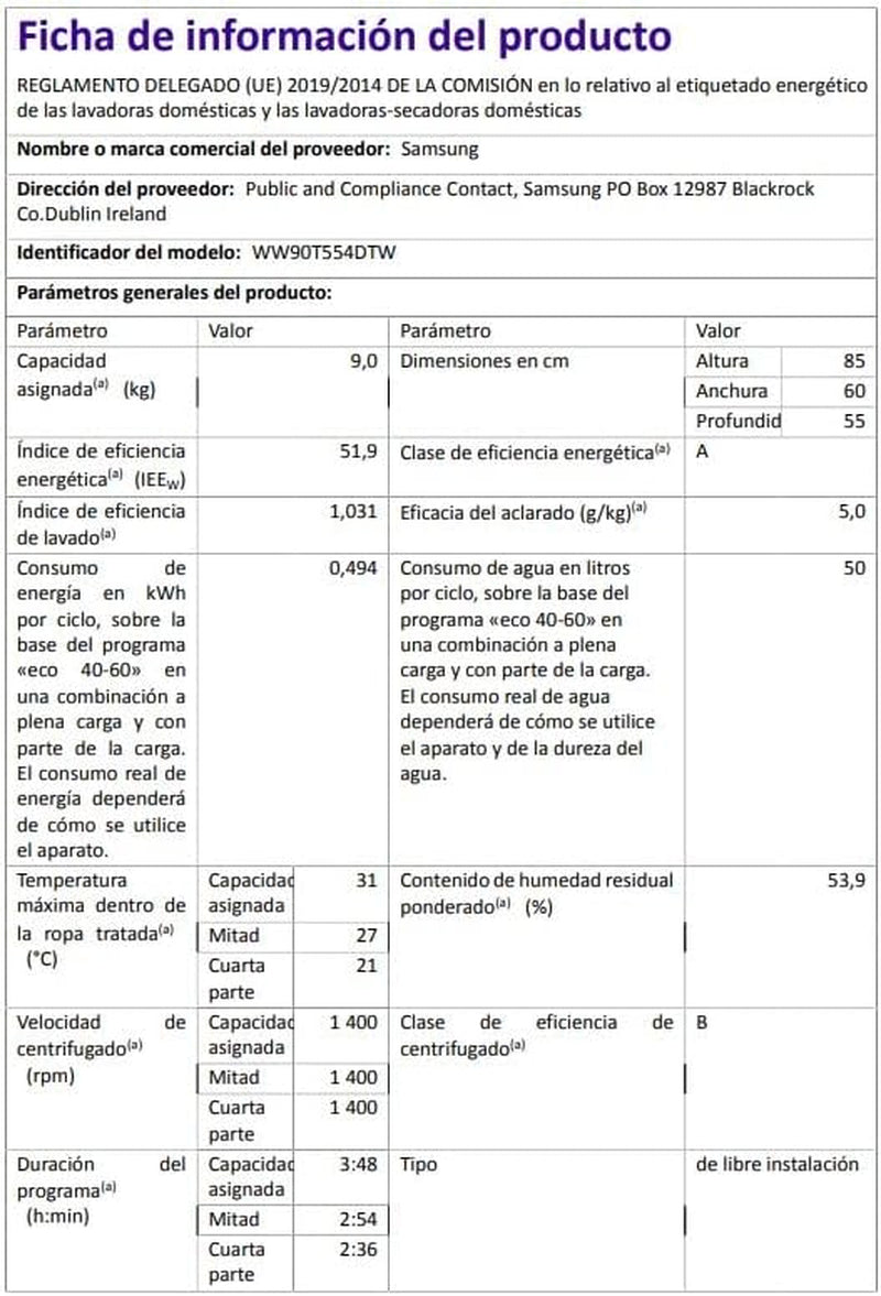 WW90T554DTW/S3 Lave-Linge - Addwash™, Série 5, 9 Kg, Blanc, Technologie Ecobubble™, Intelligence Artificielle, Classe A