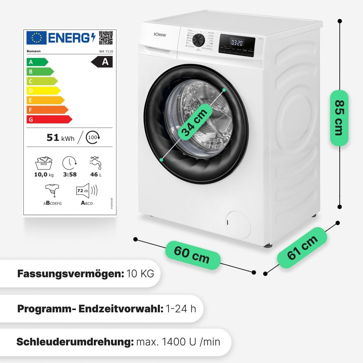 Bomann WA 7110 10Kg Frontlader Waschmaschine, 60 Cm Breit, 1400U/Min, 15 Programme, LED Display, Kindersicherung, Weiß