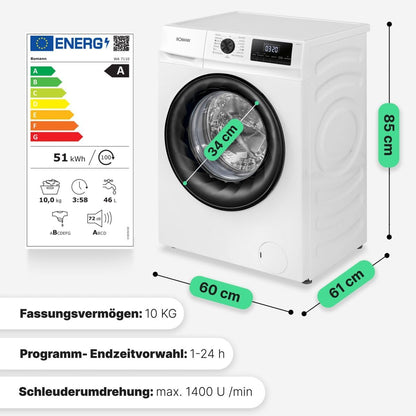 Bomann WA 7110 10Kg Frontlader Waschmaschine, 60 Cm Breit, 1400U/Min, 15 Programme, LED Display, Kindersicherung, Weiß