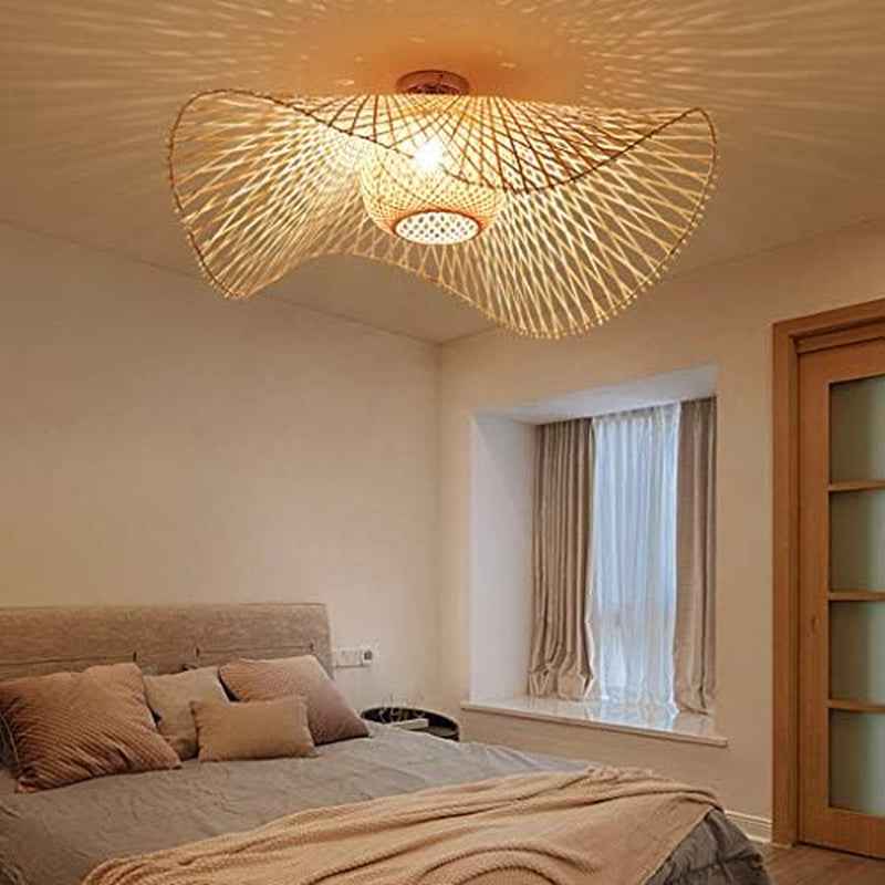 Rétro Lustres Lumière Naturelle De Bambou Et Plafonnier Rotin Vintage E27 Éclairage Plafond Tissées Main Pour Manger Chambre Salon Bar Café Pendentif Cuisine Lampe Suspendue Couloir Suspension,75Cm