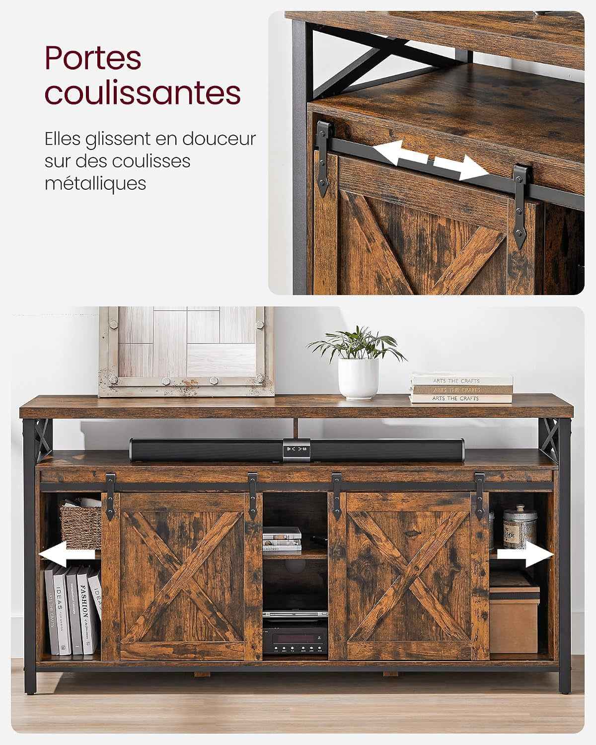 Meuble TV, Support Pour Téléviseur Jusqu’À 65 Pouces | Avec Étagères Réglables, Portes Imitation Grange, Cadre En Métal, Marron Rustique Et Noir Mat LTV071B01V1