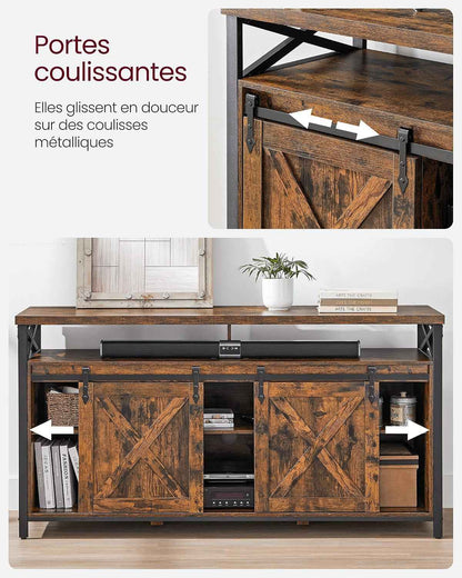 Meuble TV, Support Pour Téléviseur Jusqu’À 65 Pouces | Avec Étagères Réglables, Portes Imitation Grange, Cadre En Métal, Marron Rustique Et Noir Mat LTV071B01V1
