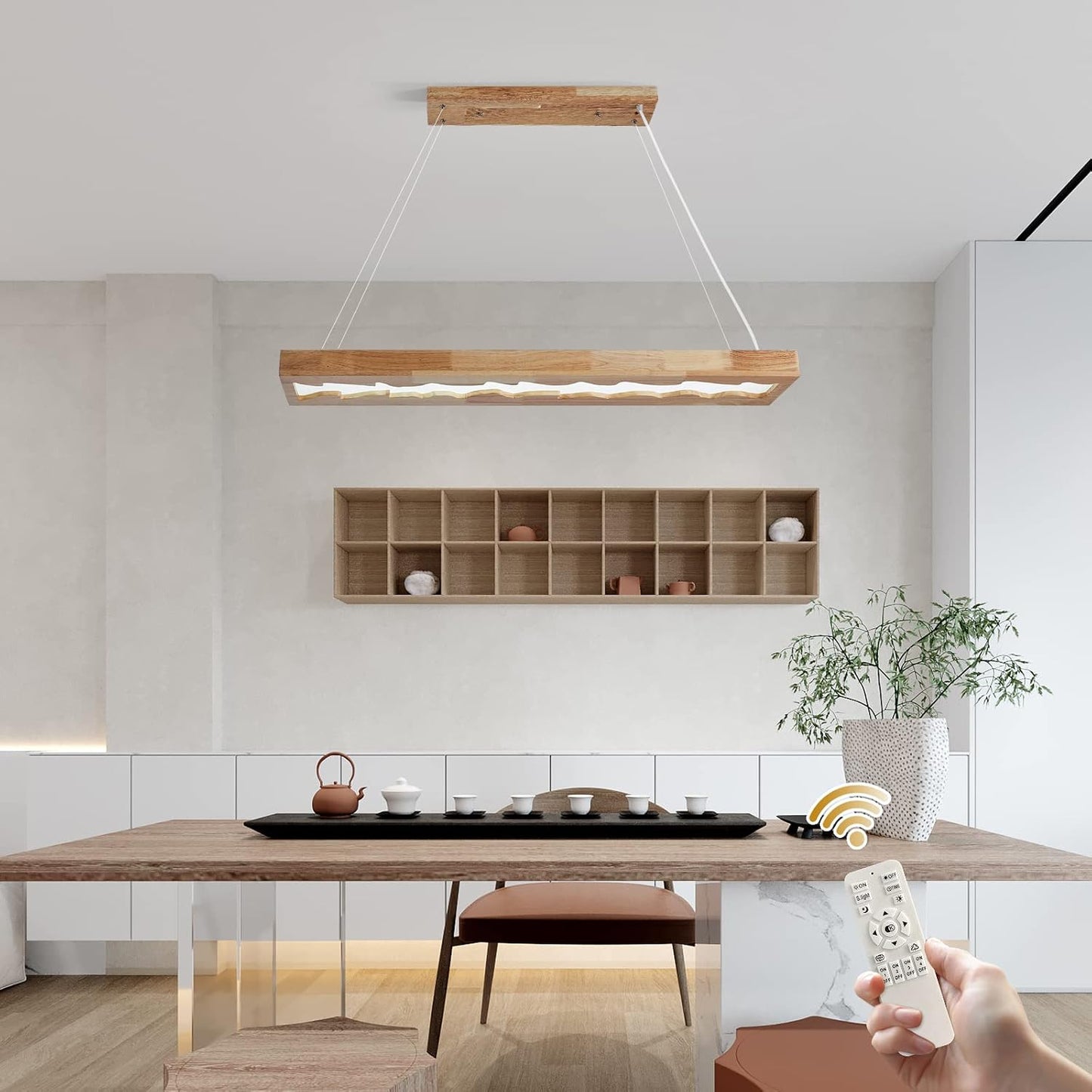 Suspension En Bois À Led, Lampe À Suspension Rustique En Bois À Intensité Variable Pour Table À Manger, Hauteur Réglable, 40W, 100 CM