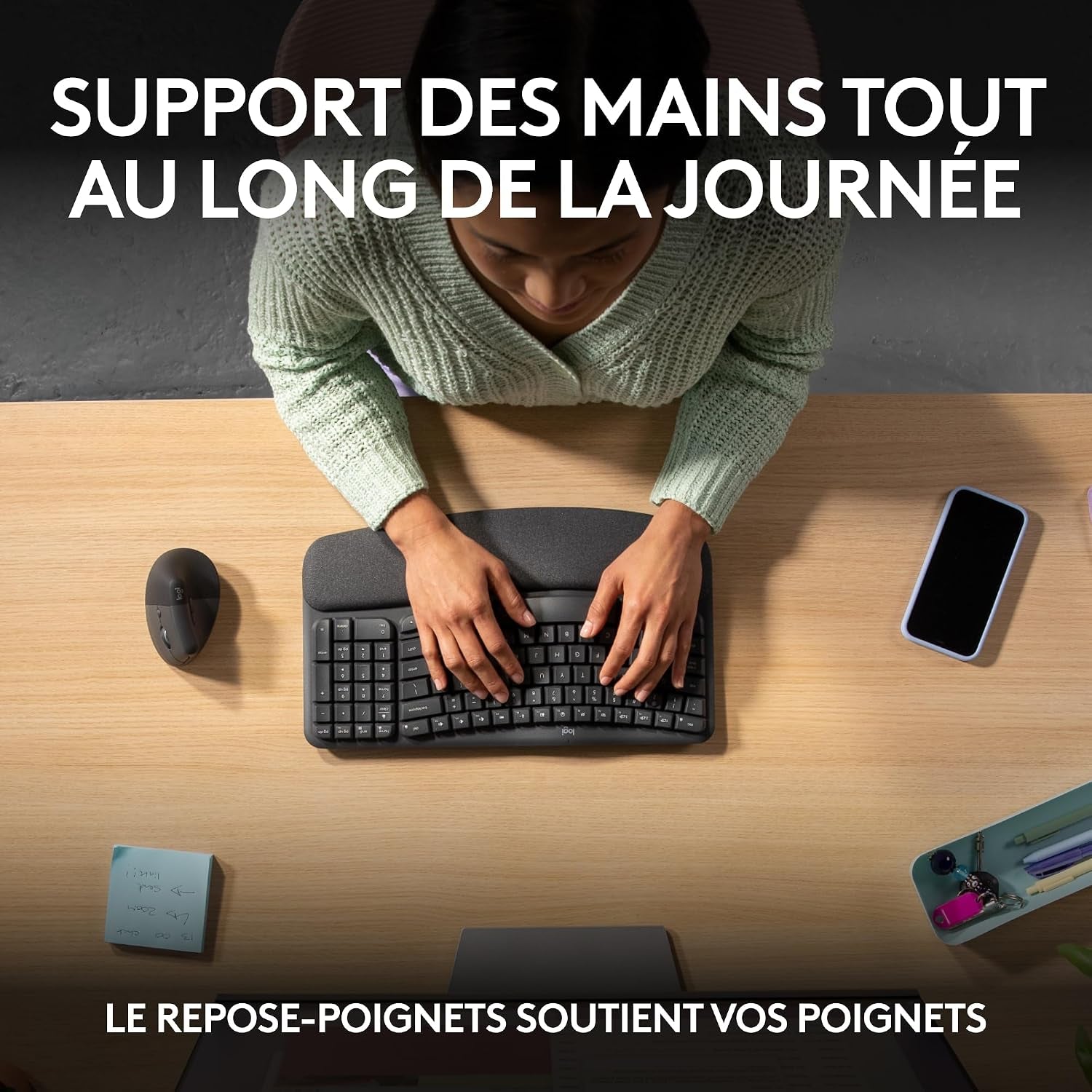 Wave Keys - Clavier Ergonomique Sans Fil (Graphite) | Repose-Poignets Rembourré, Frappe Naturelle, Easy-Switch, Bluetooth, Récepteur Logi Bolt, Multi-Se, Windows/Mac, AZERTY